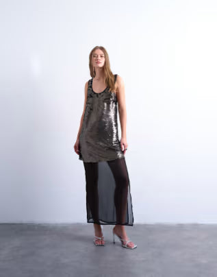 layered sheer sequin midi dress in pewter