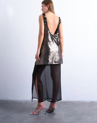 layered sheer sequin midi dress in pewter
