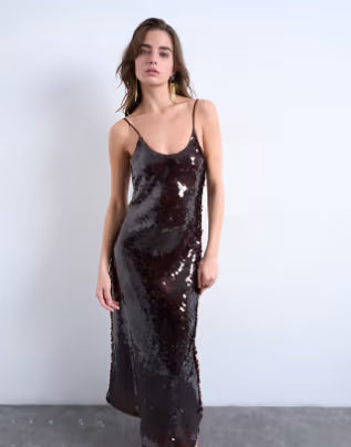 Topshop sequin maxi slip dress in chocolate