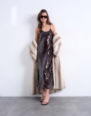 Topshop sequin maxi slip dress in chocolate