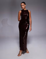Rare London sequin racer neck maxi dress in burgundy