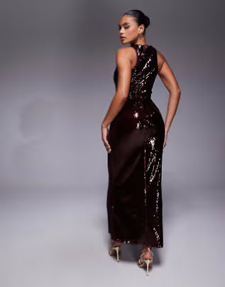 Rare London sequin racer neck maxi dress in burgundy