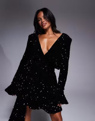 sequin velvet drape front mini dress with exaggerated shoulders in black