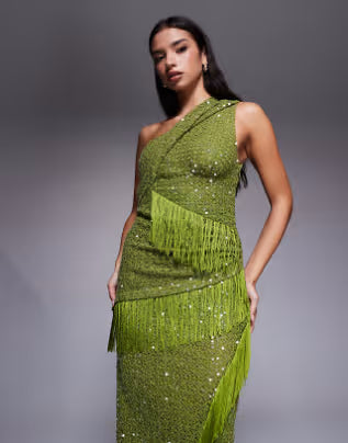 sequin knit twist one shoulder midi dress with drape fringe panels in green