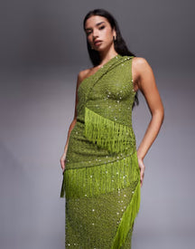sequin knit twist one shoulder midi dress with drape fringe panels in green