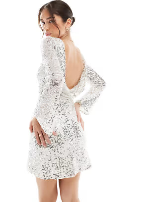 TFNC Bridal cowl back sequin mini dress in white