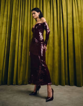 sequin midi dress in wine
