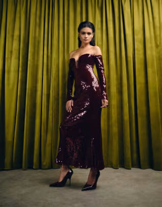 sequin midi dress in wine