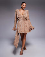 sequin velvet drape front mini dress with exaggerated shoulders in champagne