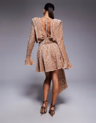 sequin velvet drape front mini dress with exaggerated shoulders in champagne