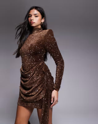velvet sequin drape side mini dress in chocolate