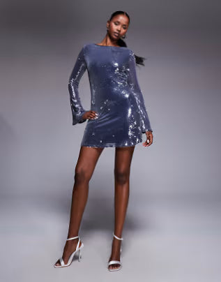 Rare London sequin open cowl back detail mini shift dress in navy