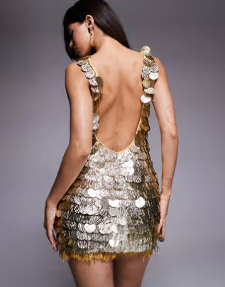 disc embellished curved neckline shift dress with lace underlay in gold