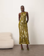 linear embellished racer neck maxi dress in olive