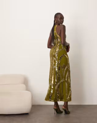 linear embellished racer neck maxi dress in olive