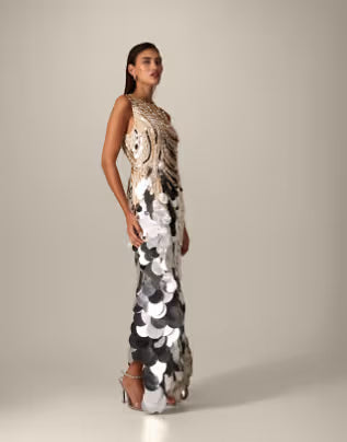 ARRANGE wavy linear embellished high neck square hem maxi dress