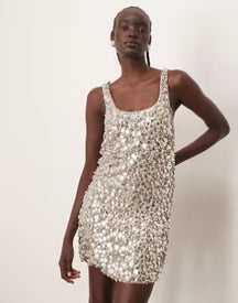 textural embellished scoop neck loose fit mini dress in silver
