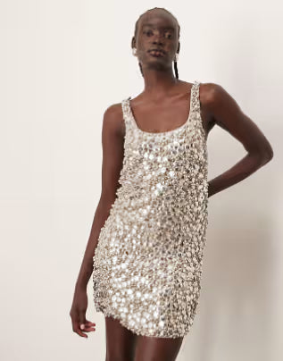 textural embellished scoop neck loose fit mini dress in silver