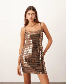 linear encrusted cami mini dress in chocolate