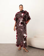 high neck paillette sequins fringed hem maxi dress in merlot