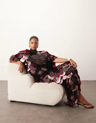 high neck paillette sequins fringed hem maxi dress in merlot