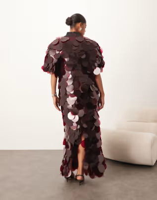 high neck paillette sequins fringed hem maxi dress in merlot