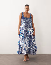 ARRANGE Curve embellished disc sequin square neck full skirt midi dress in blue