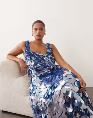 ARRANGE Curve embellished disc sequin square neck full skirt midi dress in blue