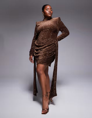 ASOS LUXE Curve velvet sequin drape side mini dress in chocolate
