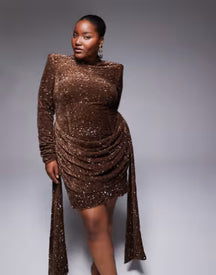 Minivestido con lateral drapeado de lentejuelas de terciopelo ASOS LUXE Curve en color chocolate