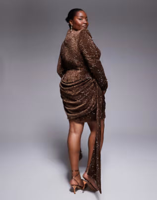 ASOS LUXE Curve velvet sequin drape side mini dress in chocolate