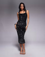 Model: 170cm / 5' 7'' | Wearing US 4 Rare London Exclusive velvet sequin corset boned detail midi dress in black & silver
