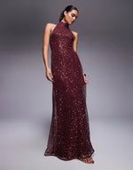 embellished halterneck maxi dress in burgundy