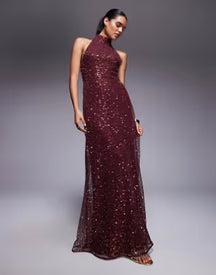 embellished halterneck maxi dress in burgundy