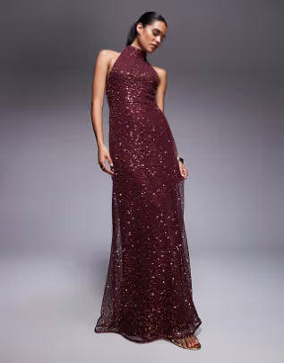 embellished halterneck maxi dress in burgundy