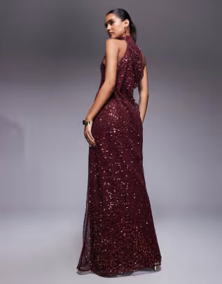 embellished halterneck maxi dress in burgundy