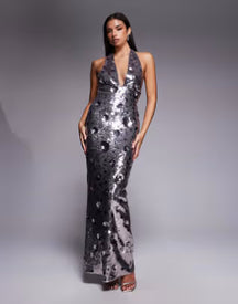 flower sequin maxi dress in silver
