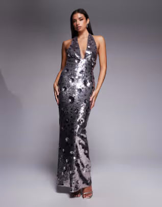 flower sequin maxi dress in silver