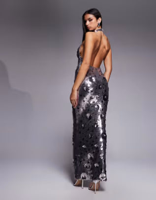 flower sequin maxi dress in silver