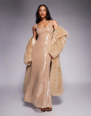 sequin scoop neck fishtail hem maxi dress in beige