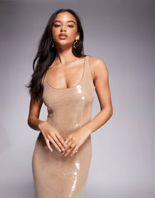 sequin scoop neck fishtail hem maxi dress in beige