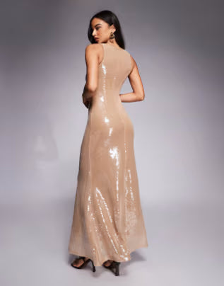 sequin scoop neck fishtail hem maxi dress in beige