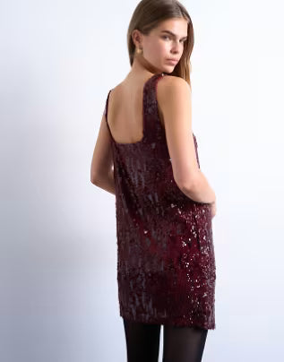 Topshop sequin scoop neck mini dress in burgundy