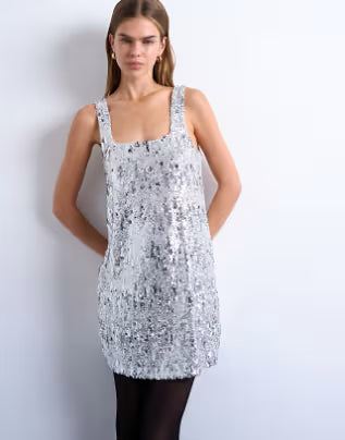 Topshop sequin scoop neck mini dress in silver