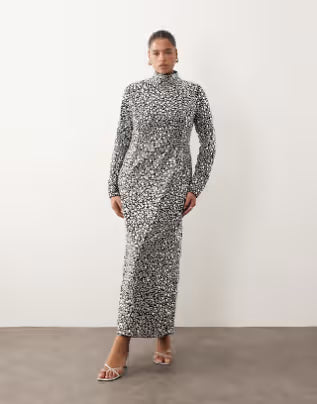 textural sequins high neck long sleeve maxi dress in black