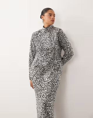 textural sequins high neck long sleeve maxi dress in black