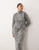 textural sequins high neck long sleeve maxi dress in black