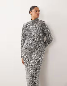 textural sequins high neck long sleeve maxi dress in black