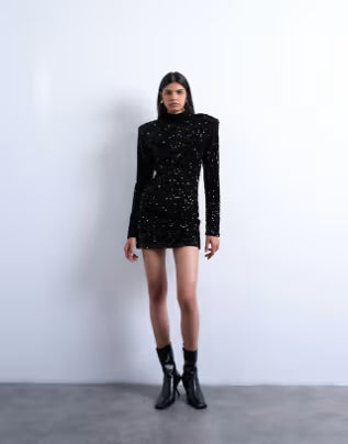 long sleeve velvet sequin mini dress with shoulder pads in black