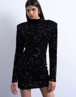 long sleeve velvet sequin mini dress with shoulder pads in black